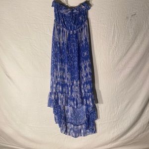 Pura Vida Sexy Blue & White Ruffle Strapless Maxi Low High Dress Size S.